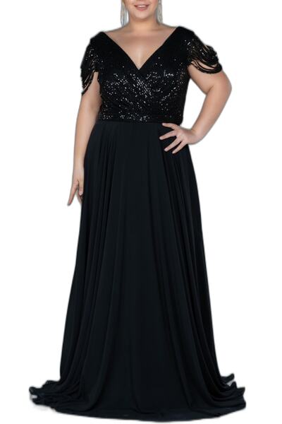 Arden Büyük Beden Uzun Abiye, Siyah Lacivert Şifon Payet, Kloş, V Yaka, Kısa ...