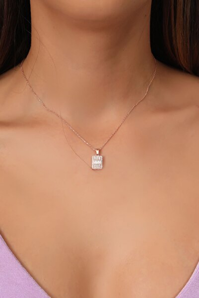 Bilsen Store 925 Ayar Gümüş Rose Kaplama Beyaz Baget Taşlı Dikdörtgen Kolye