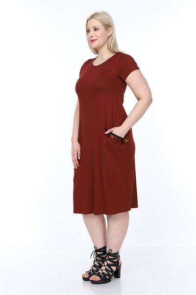 mami butik Plus Size Ethnic Double Pocket Knee Length Short Sleeve Comfortable Cut Viscose Combed Cotton Dress