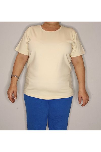 Bomenti Life Cream Women's Large Size Regular -normal Cut Basic Crew Neck Lycra T-Shirt