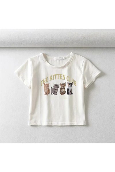 Gofeel The Kitten Club Patterned White Color Printed Crop Blouse Harajuku Women's T-Shirt