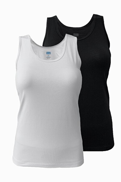 Berrak Siyah Beyaz Kadın 2 Li Paket Pamuklu Likralı Kalın Askılı Atlet 2127