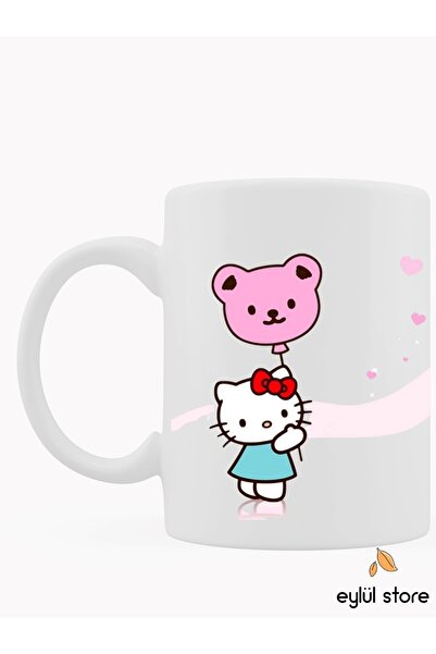 Eylül Design Hello Kitty Temalı Özel Tasarım Baskılı Kupa Bardak Çay Kahve Ba...