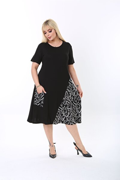 mezura tekstil Μαύρο κοντό μανίκι βισκόζη χτενισμένο βαμβακερό φόρεμα με τσέπες κάτω από το γόνατο