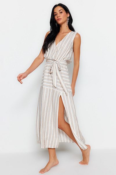 Trendyol Collection Rochie de plajă cu fante țesută Midi cu curea cu dungi TBESS23EL00181
