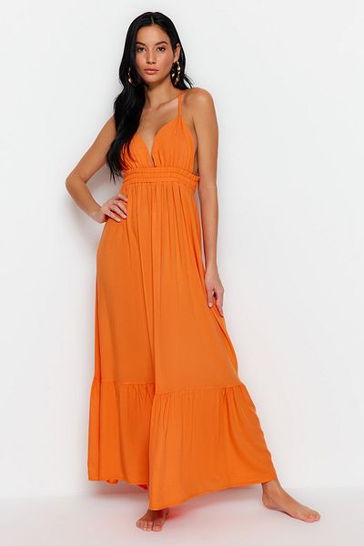 Trendyol Collection Pomarańczowa tkana sukienka plażowa maxi z odkrytymi plecami TBESS23EL00244