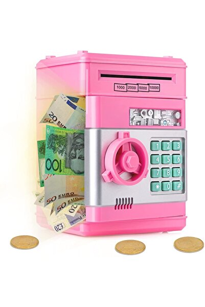 Technojet Pembe Atm Kumbara Şifreli Otomatik Kağıt Para Alan Kasa Kumbara