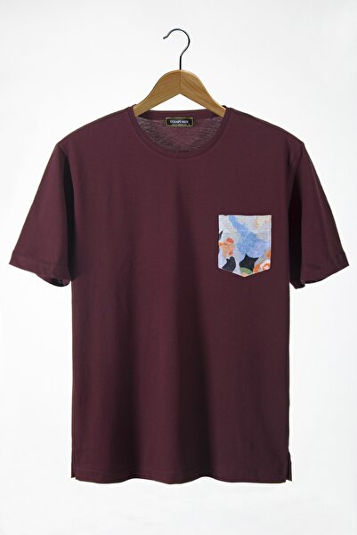 VEAVEN Unisex Bisiklet Yaka Bordo Cepli Oversize T-shirt