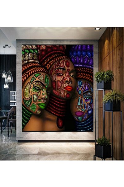 HDART Soyut Boyalı Yüzler Afrikalı Siyahi Zenci Kadınlar 3 Kadın Duvar Kanvas...