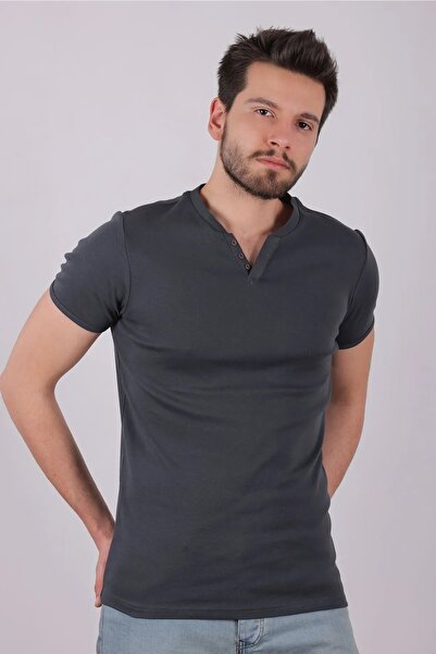 VERDONE %100 Pamuk 3 Düğmeli Ribana Patlı Antrasit Erkek Tshirt