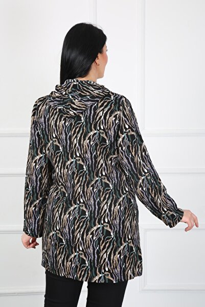 By Alba Collection Women's Khaki Patterned Cotton Viscose Large Size Cardigan