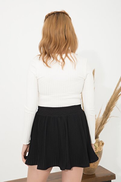 ARV MODA FASHİON THAT İNSPİRES Siyah Dört Mevsim Pileli Atlas Kumaş Spor Şık Şort Etek