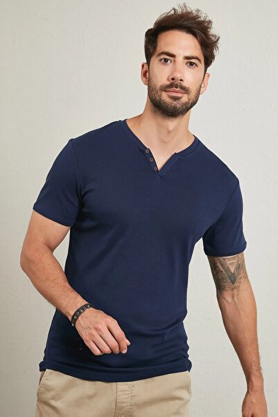 VERDONE %100 Pamuk 3 Düğmeli Ribana Patlı Lacivert Erkek Tshirt