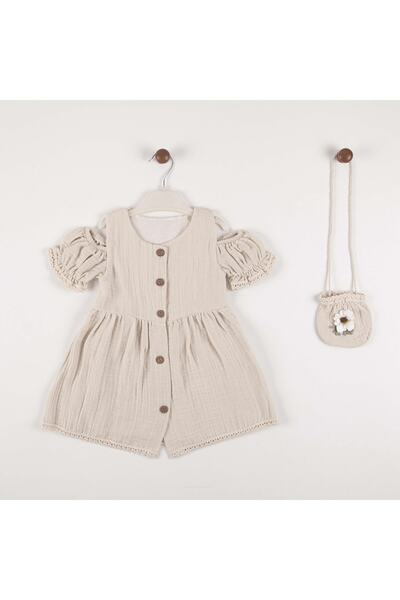 MİNİKO KİDS Baby Girl Low Shoulder Cotton Dress with Bag