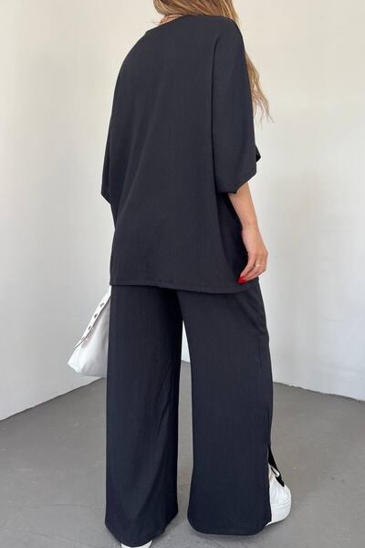 lovebox Női Seersucker denevér ujjú V-nyakú blúz és nadrág, nagyméretű fekete, kétrészes öltöny 9581