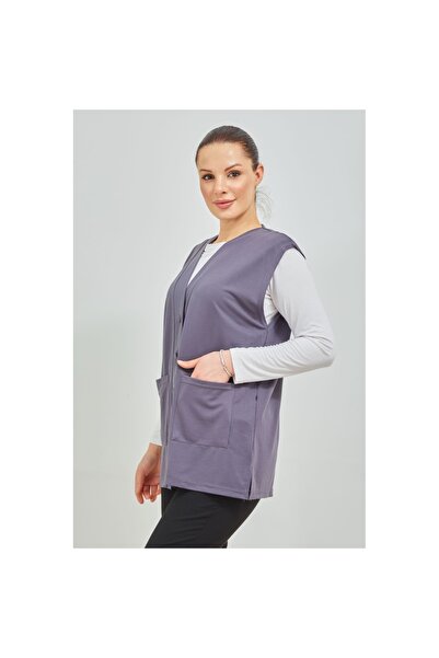 Fresh&Moda Women's Gray Short Pocket Buttoned Combed Cotton Mother Plus Size Vest