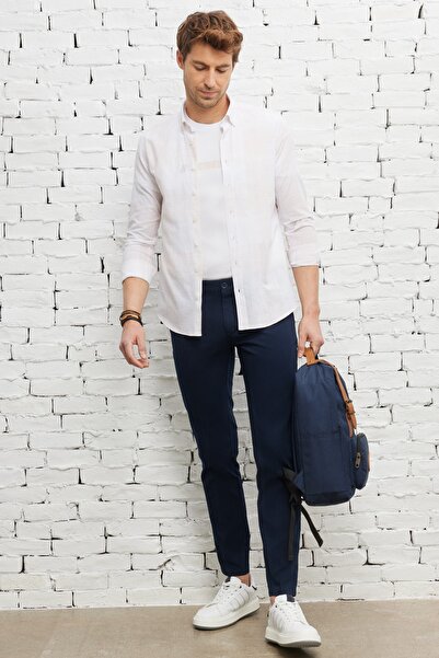 AC&Co / Altınyıldız Classics Men's Beige-white Slim Fit Narrow Cut Button Collar 100% Cotton Striped Shirt