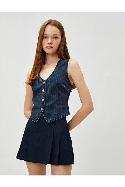 Koton Джинсовий жилет з V-подібним вирізом на металевих ґудзиках в смужку