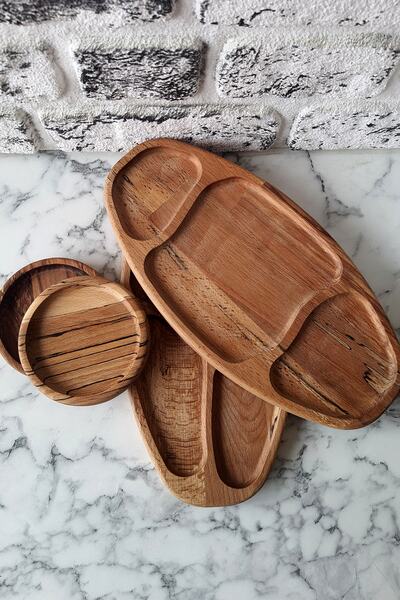 SürLaz 4 Parça Çerezlik Kahvaltılık Sunum Tabağı Ahşap Dekoratif Tabak