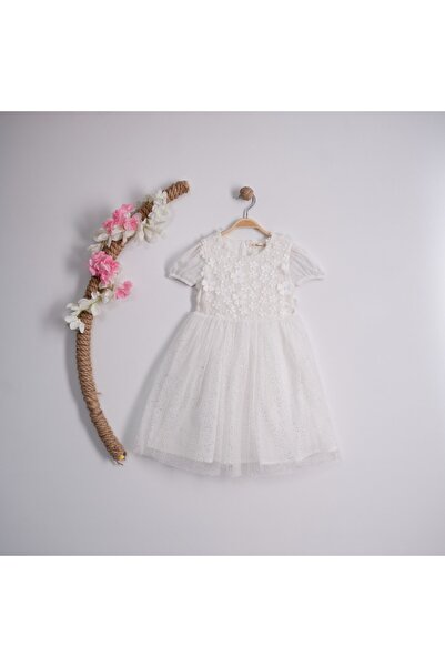 BÜŞRA ,lazer Kesimli Tül Ekru Kız Çocuk Elbise