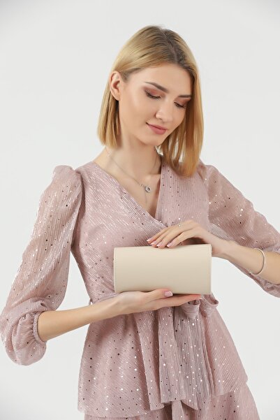 bibags Krem Soft Abiye Portföy Clutch Çanta