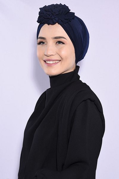 Ns nowascarf Rose Gathered Double Sided Ready Bonnet Navy Blue - Navy Blue