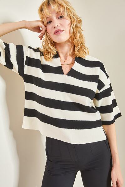 Bianco Lucci Kadın Polo Yaka Çizgili Oversize Triko Kazak