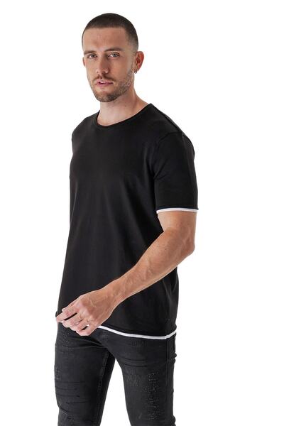 CHUBA Erkek Bisiklet Yaka Kombin Detaylı Pamuklu Ince Triko T-shirt Siyah 23s...