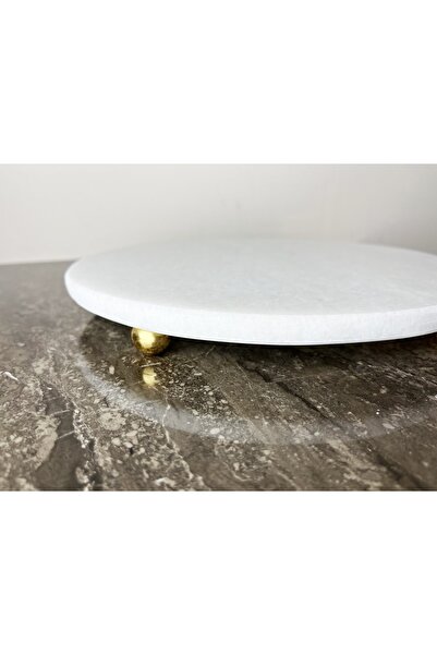 Modestmar Doğal Sade Beyaz Yuvarlak Mermer Sunum Tepsisi Gold Top Ayaklı Pure...