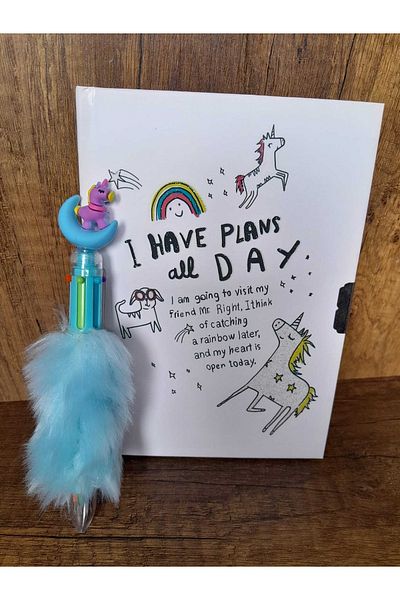 ÇİLEKHOMEAVM Unicorn Locked Souvenir and Diary Notebook - Unicorn Colored Plush Pen Set