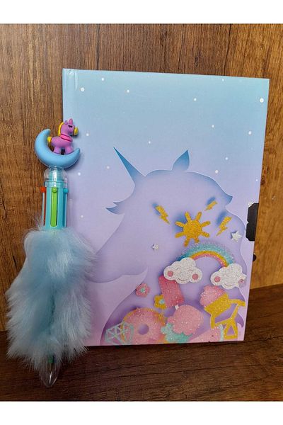 ÇİLEKHOMEAVM Unicorn Locked Souvenir and Diary Notebook - Unicorn Colored Plush Pen Set