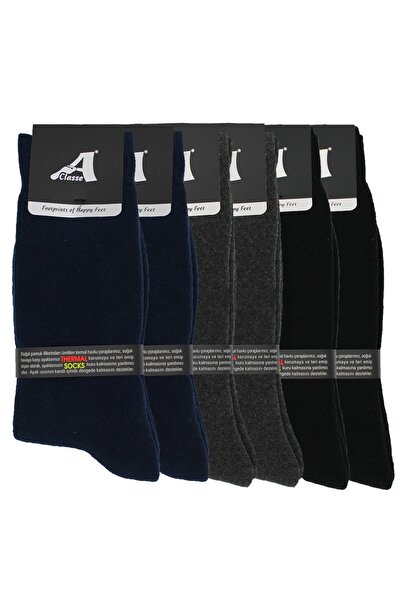 A CLASSE 6'lı Paket Termal/Thermal Havlu Kalın Kışlık Erkek Çorap (Siyah-Antr...