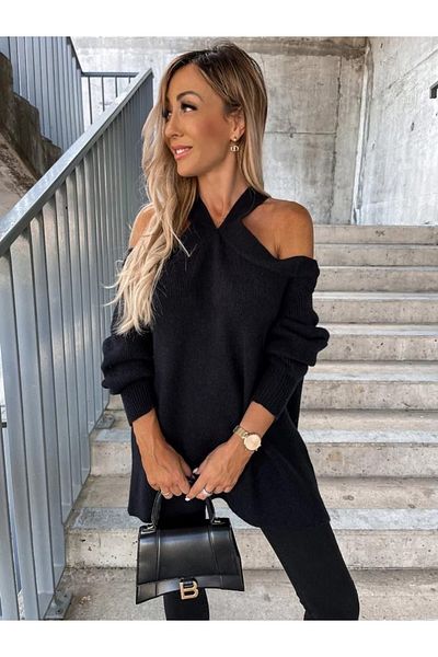 Case Women's Neck Tie Shoulder Detailed Trend Knitwear Cotton Knitted Tunic Dress Sweater