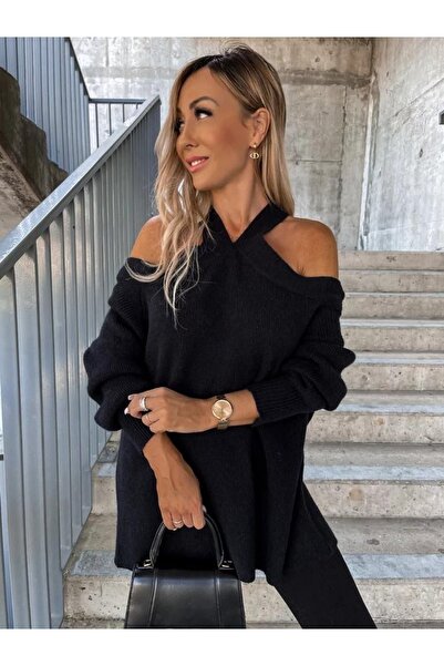 Case Women's Neck Tie Shoulder Detailed Trend Knitwear Cotton Knitted Tunic Dress Sweater