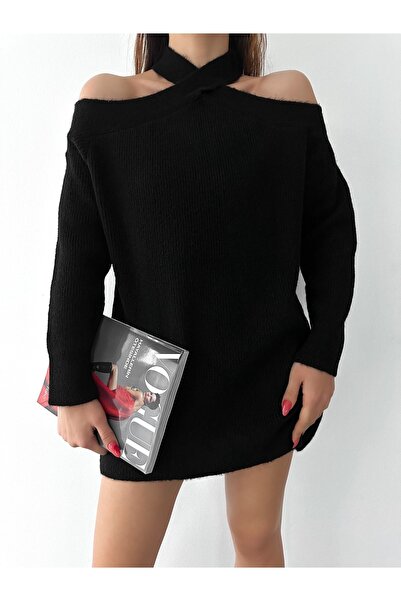 Case Women's Neck Tie Shoulder Detailed Trend Knitwear Cotton Knitted Tunic Dress Sweater