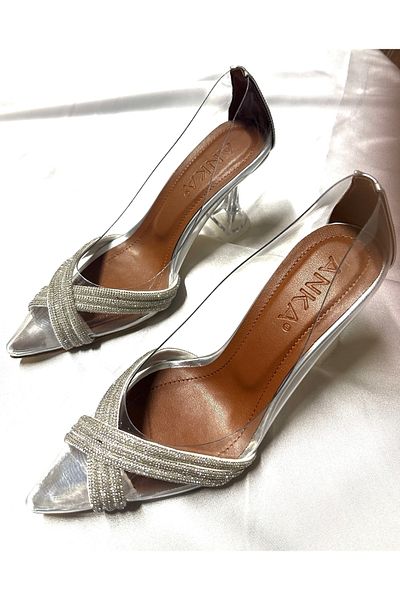 TrendyAnka Pantofi de seară de damă prințesă argintiu maro transparent cu piatră încrucișată 8 cm cu toc transparent