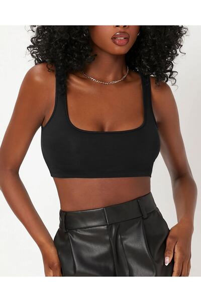 Liona Women's Square Neck Black Slim Fit Mini Crop Top Blouse