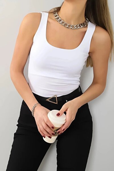 KaSheHa Pamuklu Kalın Askılı Kare Yaka Crop Triko Bluz BOD070