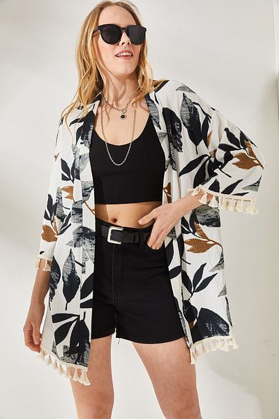 Olalook Dámské kamenné černé volné pletené kimono se střapcem KMN-00000056