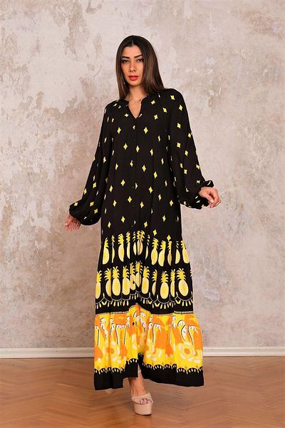 Keyifli Moda Women's Black Ethnic Patterned V-Neck Balloon Sleeve Front Buttoned Skirt Layered Long Dress