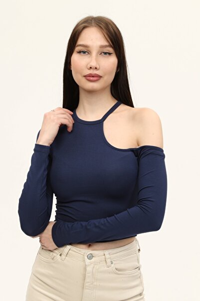 LAENT Bluză crop cu umăr albastru indigo
