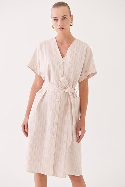 Perspective Adonias Regular Fit V-neck Midi Length Striped Patterned Beige Pink Color Dress