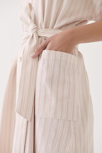 Perspective Adonias Regular Fit V-neck Midi Length Striped Patterned Beige Pink Color Dress