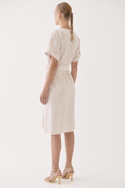 Perspective Adonias Regular Fit V-neck Midi Length Striped Patterned Beige Pink Color Dress