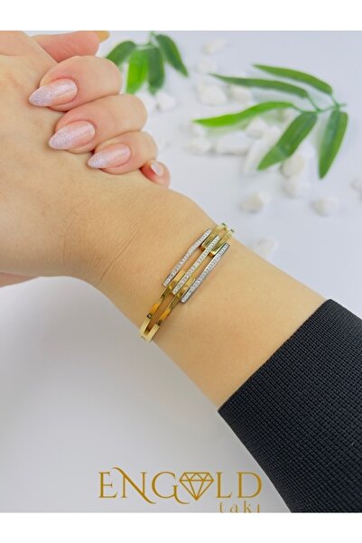 ENGOLD TAKI 3'lü Taşlı Kaburga Model Kadın Çelik Altın Kaplama Kelepçe Bileklik