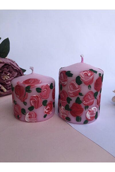 Elif Design Çiçek Desenli El Boyaması 2’li Blok Mum Seti