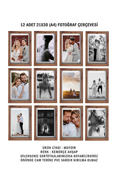 yhfoto 12 Pieces 21x30 A4 Kemençe Wooden Color Frame Mdf - A4 Frame - 21x30 Frame - A4 Frame Mdf