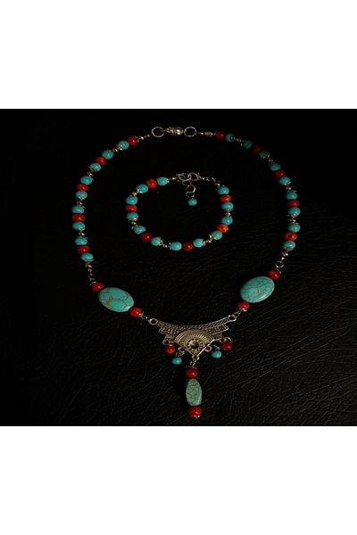 Asteria Elite Turquoise Coral Authentic Communication, Wisdom and Evil Eye Protection Necklace Bracelet Set