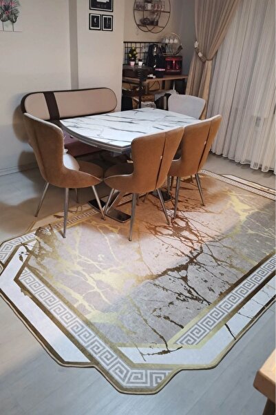 Arrosa Home Dijital Baskı Yıkanabilir Kaymaz Taban Altın Beyaz Tonlu Lazer Yo...