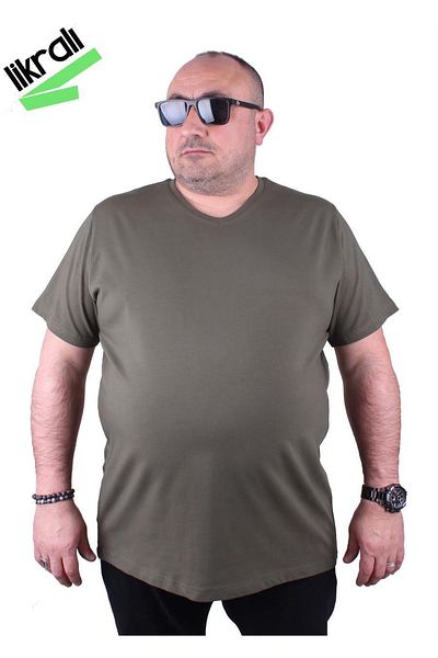 MocGrande Men's Large Size Lycra Basic V-Neck T-Shirt 11170 Khaki